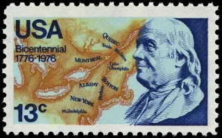 United States 1976 13c Franklin Bicentennial stamp, photographed by a collector