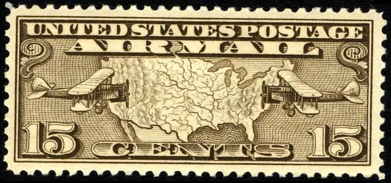 United States 1926 15c U.S. Airmail plane & map stamp, photographed by a collector