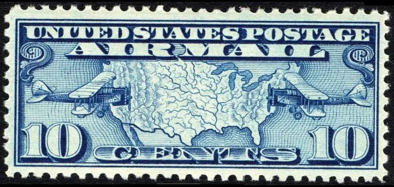 United States 1926 10c U.S. Airmail plane & map stamp, photographed by a collector