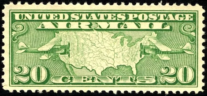 United States 1927 20c U.S. Airmail plane & map stamp, photographed by a collector
