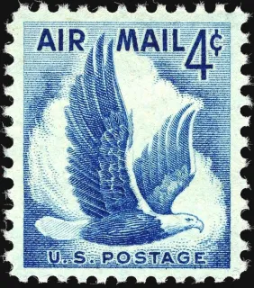 United States 1954 4c Airmail Eagle stamp, photographed by a collector