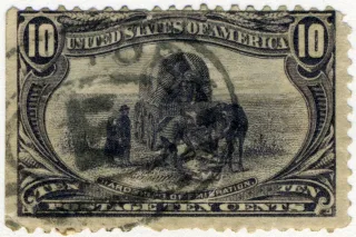 United States 1898 10c Hardships of Emigration stamp, photographed by a collector