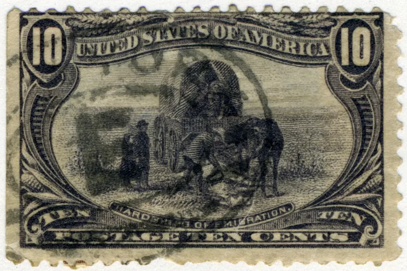 United States 1898 10c Hardships of Emigration stamp, photographed by a collector