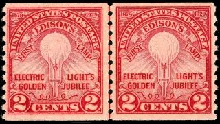 United States 1929 2c Electric Light Golden Jubilee coil line stamp, photographed by a collector