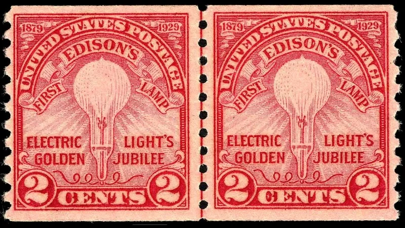 United States 1929 2c Electric Light Golden Jubilee coil line stamp, photographed by a collector