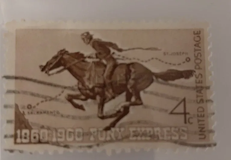 United States 1960 4c Pony Express centennial stamp, photographed by a collector