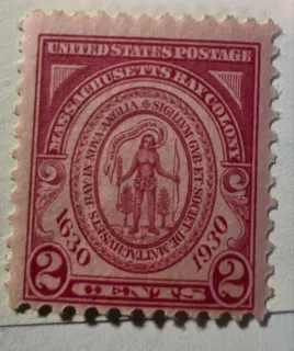 United States 1930 2c Massachusetts Bay Colony stamp, photographed by a collector