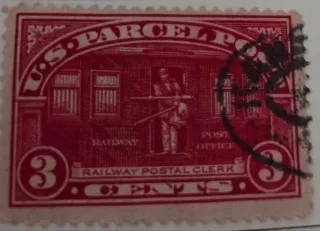United States 1913 3c RPO clerk parcel post stamp, photographed by a collector
