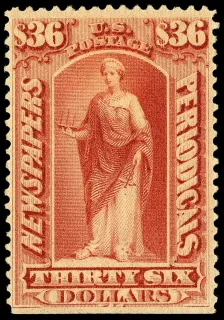 United States 1875 $36 Newspapers periodicals stamp, photographed by a collector