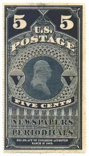 United States 1865 five cents newspaper stamp, photographed by a collector