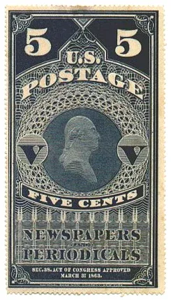 United States 1865 five cents newspaper stamp, photographed by a collector