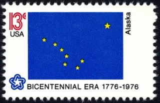 United States 1976 13c Alaska Bicentennial stamp, photographed by a collector