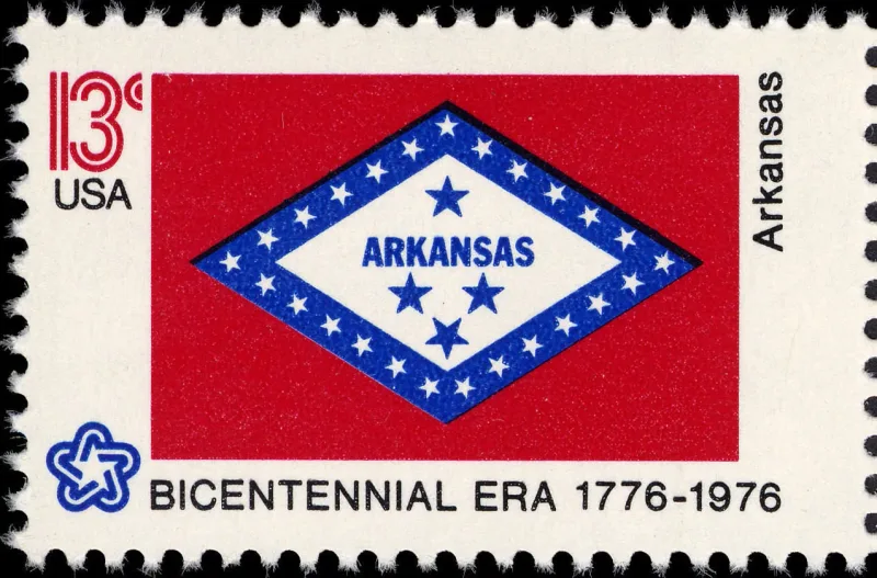 United States 1976 13c Arkansas Bicentennial stamp, photographed by a collector