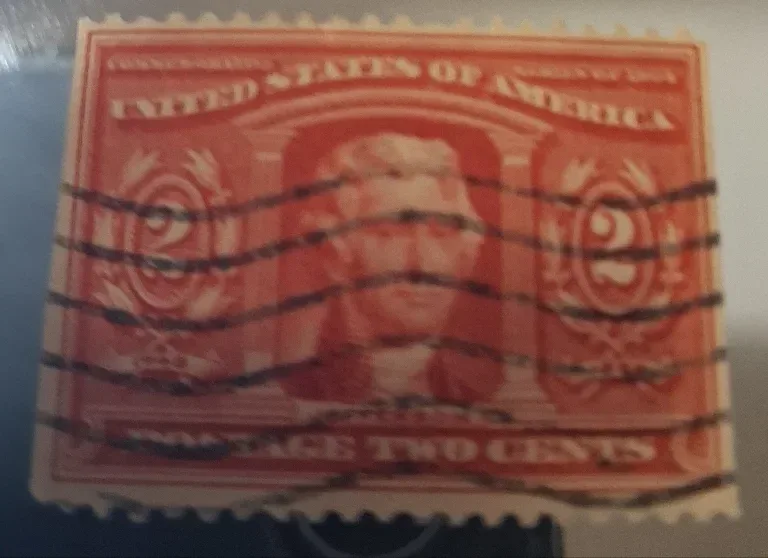 United States 1904 2c Louisiana Purchase Expo stamp, photographed by a collector