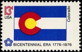 United States 1976 13c Colorado Bicentennial stamp, photographed by a collector