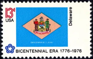 United States 1976 13c Delaware Bicentennial stamp, photographed by a collector