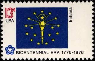 United States 1976 13c Indiana Bicentennial stamp, photographed by a collector