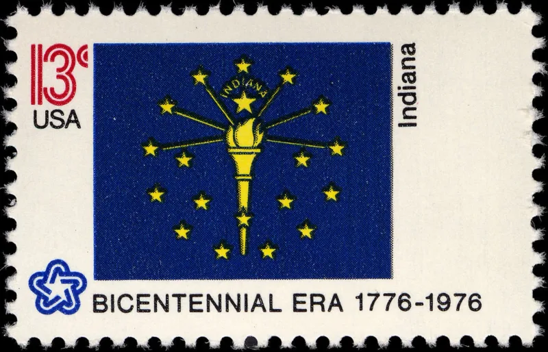United States 1976 13c Indiana Bicentennial stamp, photographed by a collector