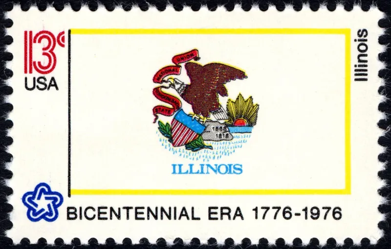 United States 1976 13c Illinois Bicentennial stamp, photographed by a collector
