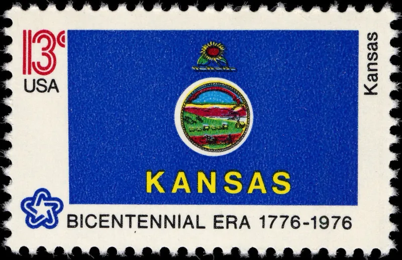 United States 1976 13c Kansas Bicentennial stamp, photographed by a collector