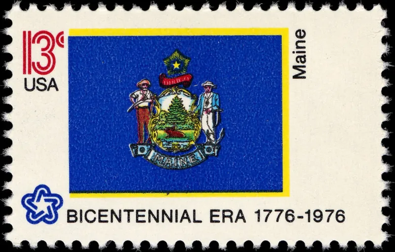 United States 1976 13c Maine Bicentennial stamp, photographed by a collector