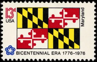 United States 1976 13c Maryland Bicentennial stamp, photographed by a collector