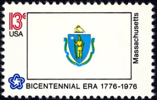United States 1976 13c Massachusetts Bicentennial stamp, photographed by a collector