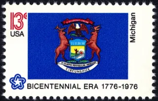 United States 1976 13c Michigan Bicentennial stamp, photographed by a collector