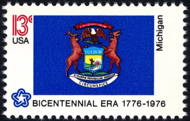 United States 1976 13c Michigan Bicentennial stamp, photographed by a collector