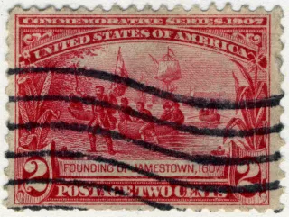 United States 1907 2c Jamestown Expo coming ashore stamp, photographed by a collector