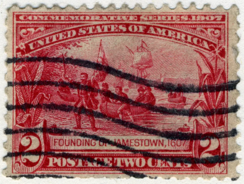United States 1907 2c Jamestown Expo coming ashore stamp, photographed by a collector