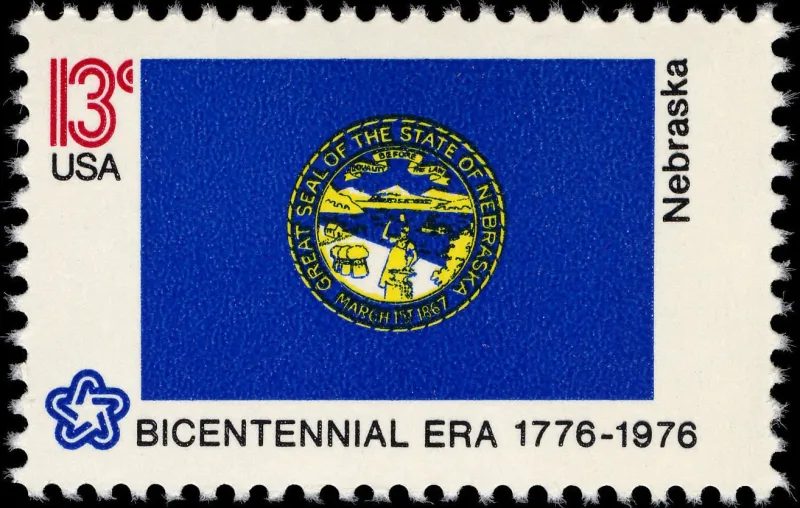 United States 1976 13c Nebraska Bicentennial stamp, photographed by a collector