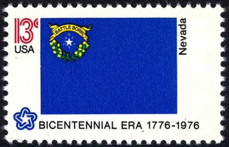 United States 1976 13c Nevada Bicentennial stamp, photographed by a collector