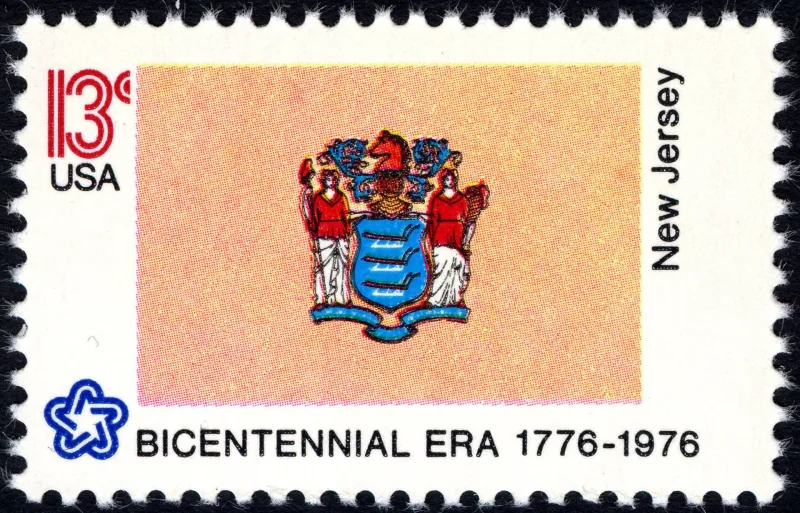 United States 1976 13c New Jersey Bicentennial stamp, photographed by a collector