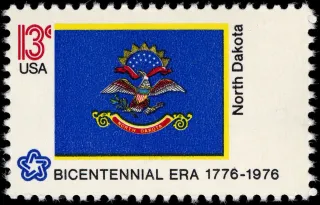 United States 1976 13c North Dakota Bicentennial stamp, photographed by a collector