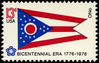 United States 1976 13c Ohio Bicentennial stamp, photographed by a collector