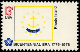 United States 1976 13c Rhode Island Bicentennial stamp, photographed by a collector