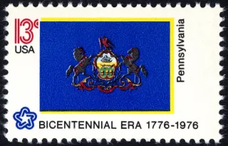 United States 1976 13c Pennsylvania Bicentennial stamp, photographed by a collector