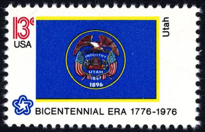United States 1976 13c Utah Bicentennial stamp, photographed by a collector