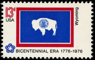 United States 1976 13c Wyoming Bicentennial stamp, photographed by a collector