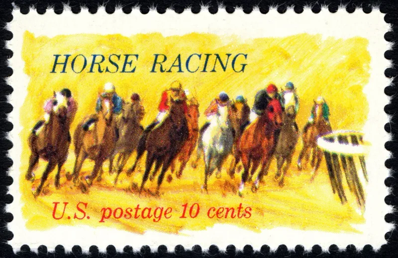United States 1974 10c Horse Racing U.S stamp, photographed by a collector