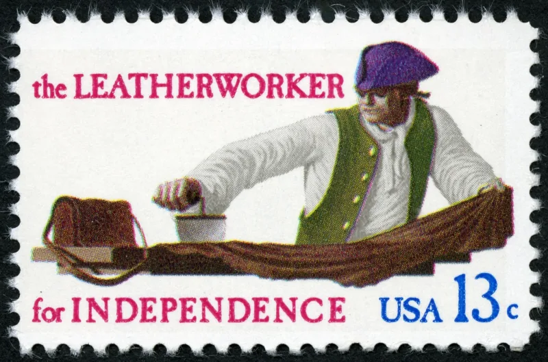 United States 1977 13c Skilled Hands For Independence Leatherworker U.S stamp, photographed by a collector