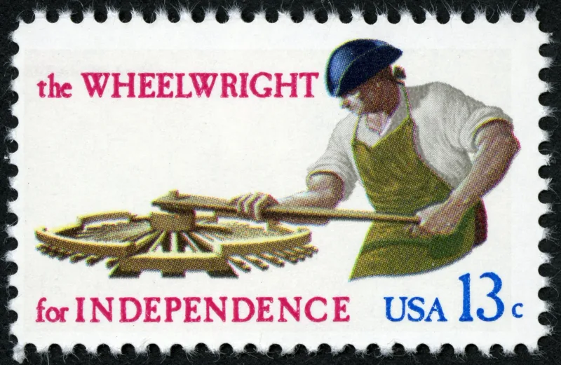 United States 1977 13c Skilled Hands For Independence Wheelwright U.S stamp, photographed by a collector