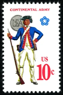 United States 1975 10c Military Uniforms Continental Soldier U.S stamp, photographed by a collector