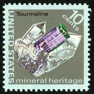 United States 1974 10c Mineral Heritage Tourmaline U.S stamp, photographed by a collector