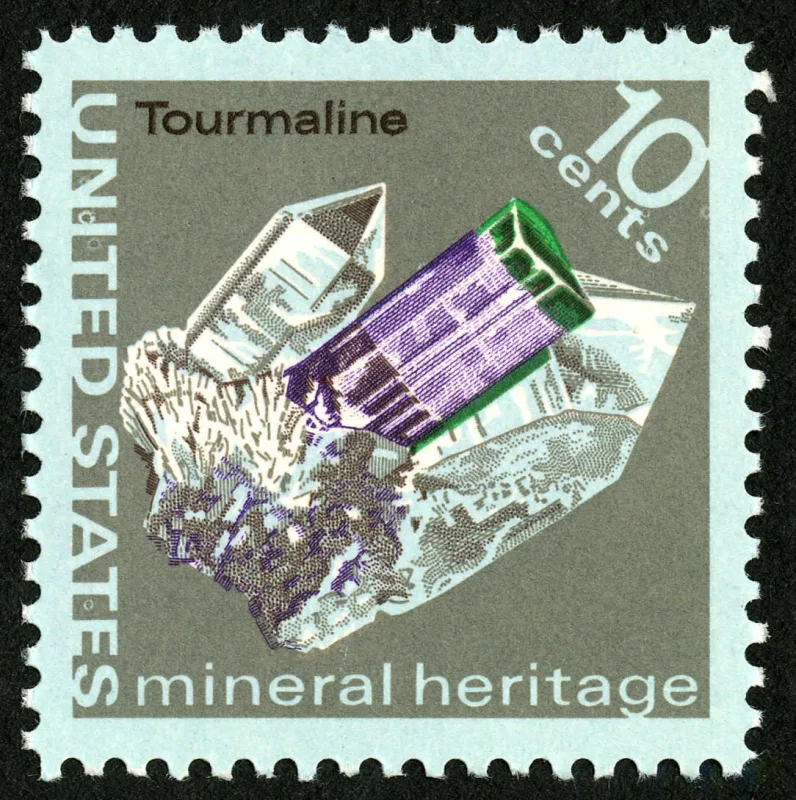 United States 1974 10c Mineral Heritage Tourmaline U.S stamp, photographed by a collector