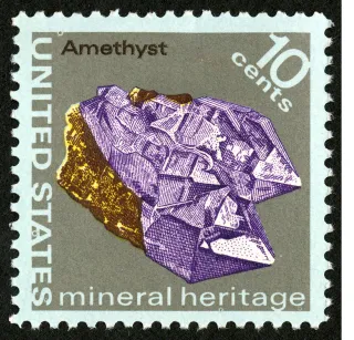 United States 1974 10c Mineral Heritage Amethyst U.S stamp, photographed by a collector