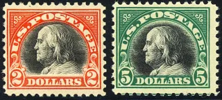United States 1918 $5 Benjamin Franklin Big Bens stamp, photographed by a collector