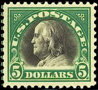 Another photo of the United States 1918 $5 Benjamin Franklin Big Bens stamp