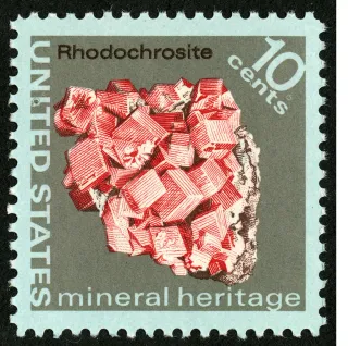 United States 1974 10c Mineral Heritage Rhodochrosite U.S stamp, photographed by a collector